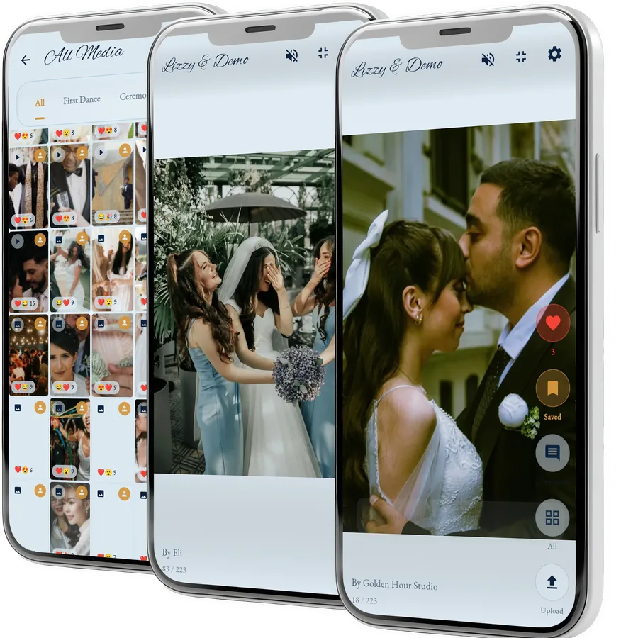 Wedding Memory app — media grid with chapter tabs and emoji reactions, full-screen photo of bride laughing with bridesmaids, and couple's first kiss with like and save buttons