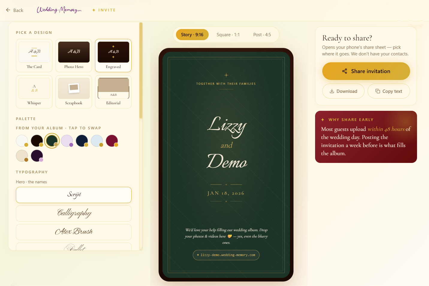 Wedding Memory invite builder — design a shareable card with your names and link, ready to drop into WhatsApp, iMessage or Instagram