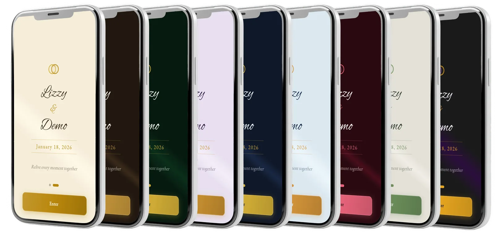 Nine color palette presets for your wedding page — warm ivory, forest green, deep navy, lavender, burgundy, ice blue, charcoal and more